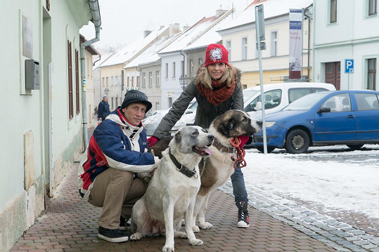 Tereza Pergnerová s partnerem Jiřím Chlebečkem a jejich psí smečkou.