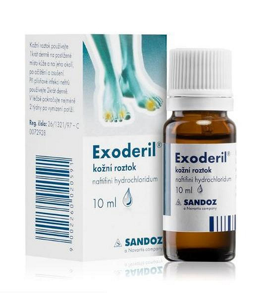 Exoderil® kožní roztok je volně prodejný léčivý přípravek k vnějšímu použití s účinnou látkou naftifini hydrochloridum. Pozorně čtěte příbalovou informaci