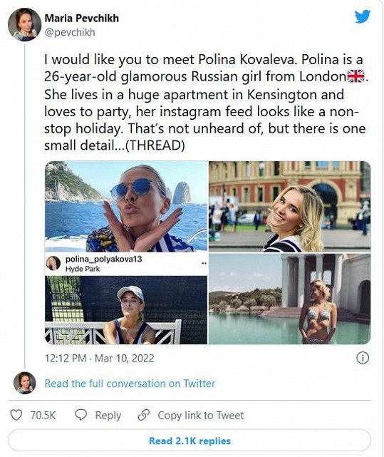 Na majetek a životní styl šestadvacetileté Kovalevové upozornila ruská investigativní novinářka Marija Pevčichová.
