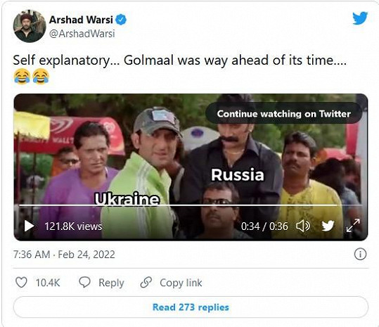 Arshad Warsi sklízí kritiku za mem reagující na útok Ruska na Ukrajinu.