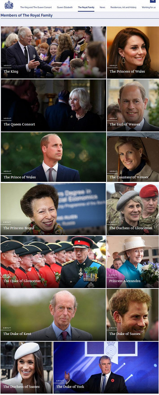 Členové královské rodiny na stránce Buckinghamského paláce. Princ Harry, vévodkyně Meghan a princ Andrew jsou zcela dole.