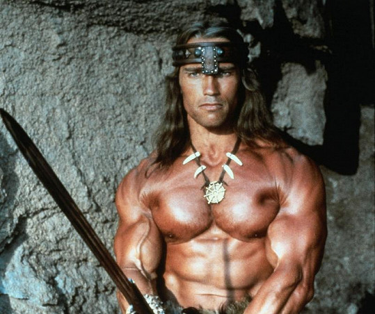 Dlouhé husté vlasy Arnolda Schwarzeneggera v roli Brabara Conana.