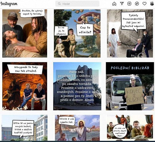 Na Instagramu sdílí satirické koláže s křesťanskou, ale i politickou tematikou.