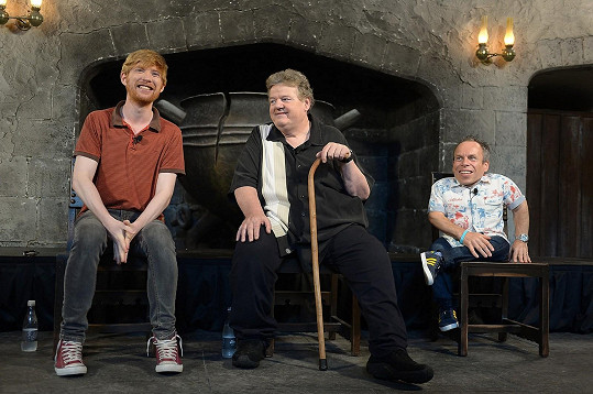 Na archivním snímku s kolegy z Harryho Pottera Domhnallem Gleesonem (Bill Weasley) a Warwickem Davisem (profesor Filius Flitwick). 