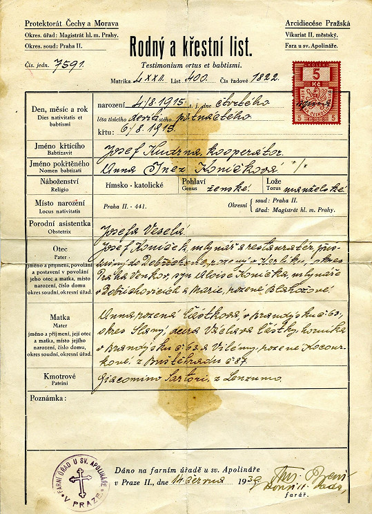 Rodný list Inky Zemánkové, která se narodila jako Inez Koníčková v roce 1915.