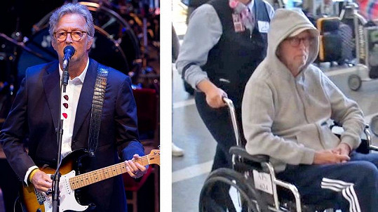 Eric Clapton před dvěma lety na pódiu a nyní na vozíku